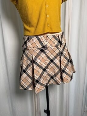 Beige and Black Plaid Pleated Mini Skirt